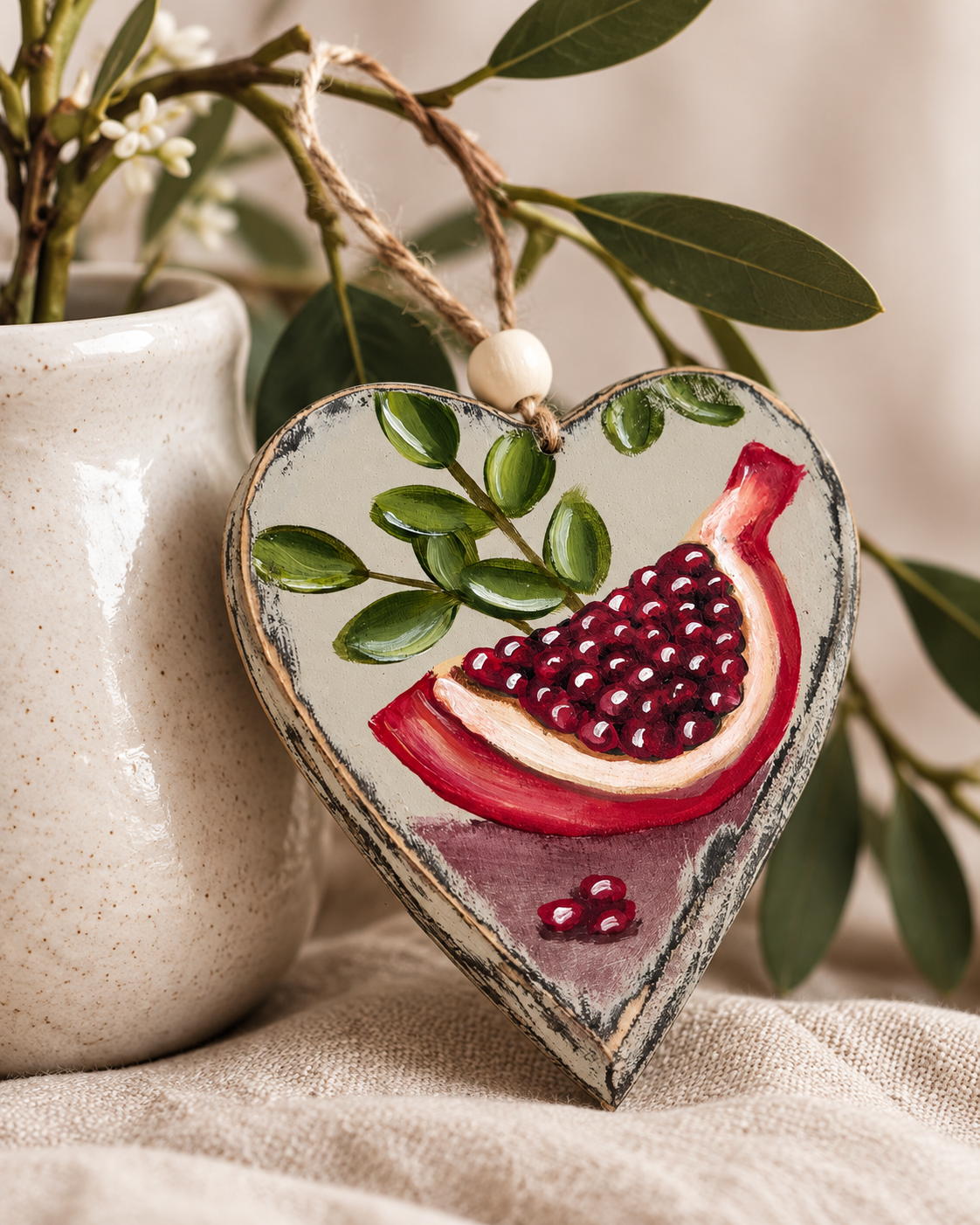 Hand-painted pomegranate wedge heart styled with a ceramic vase, foliage and soft linen