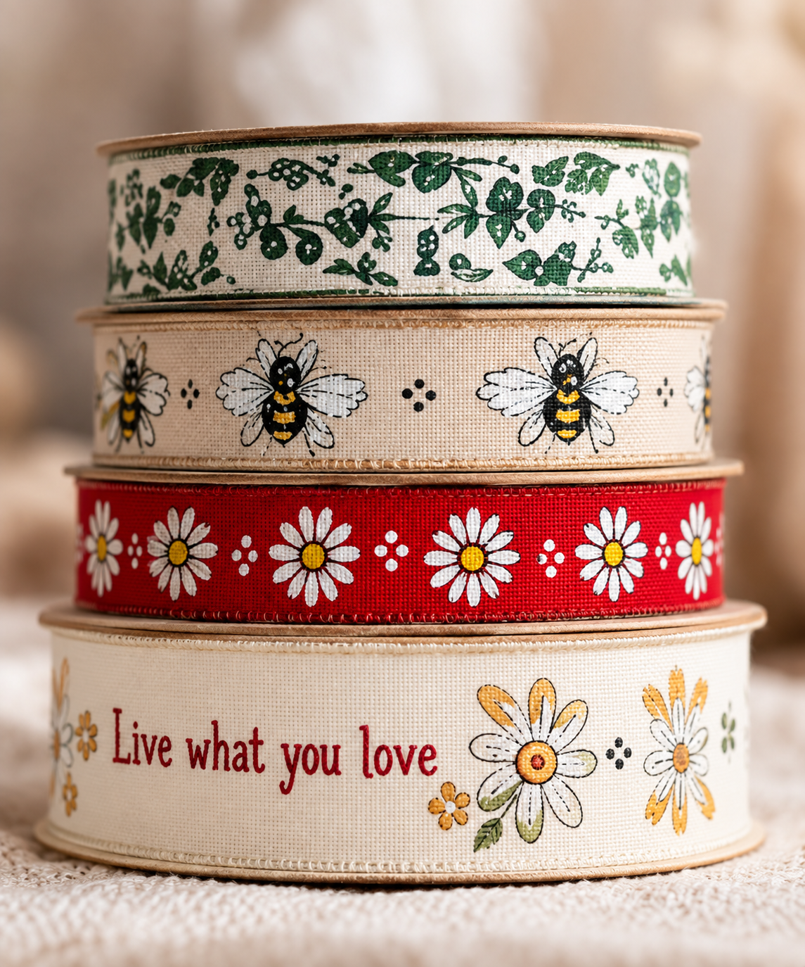 Green botanical, bee and daisy ribbon rolls in a warm lifestyle setting