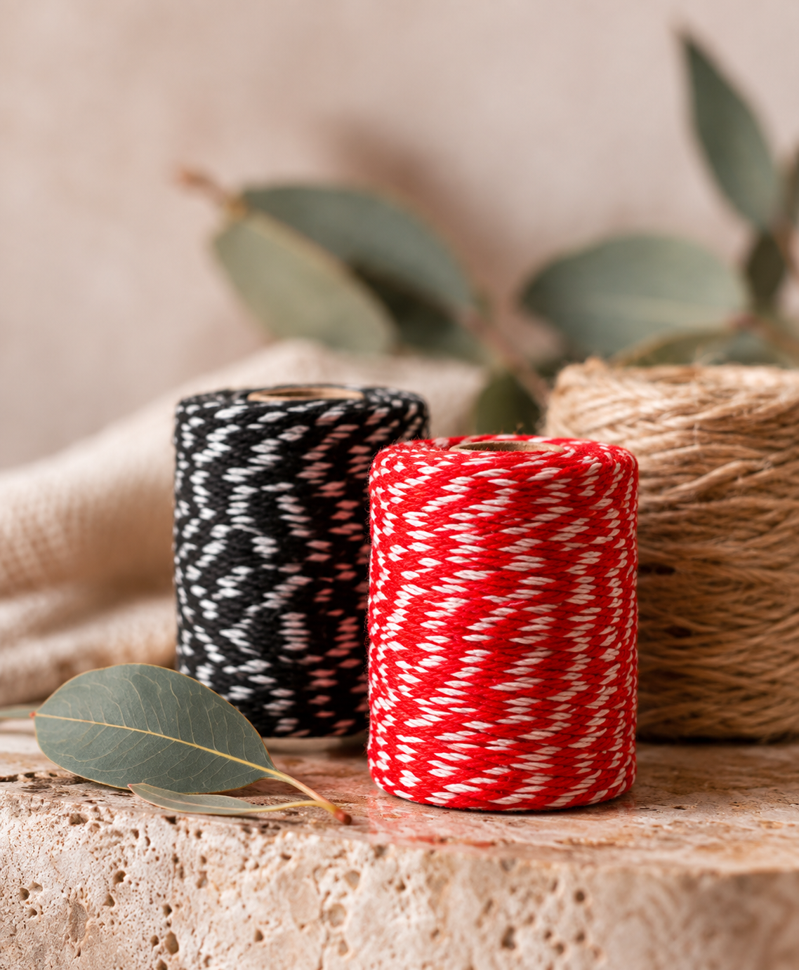 Red, black and natural twine spools with foliage