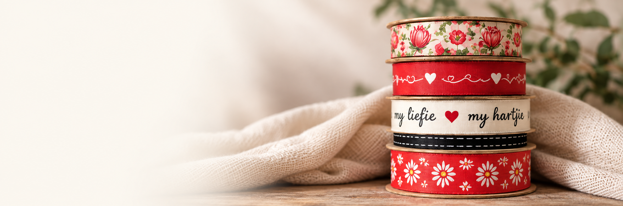 Red and cream ribbon rolls on soft linen with a warm faded background