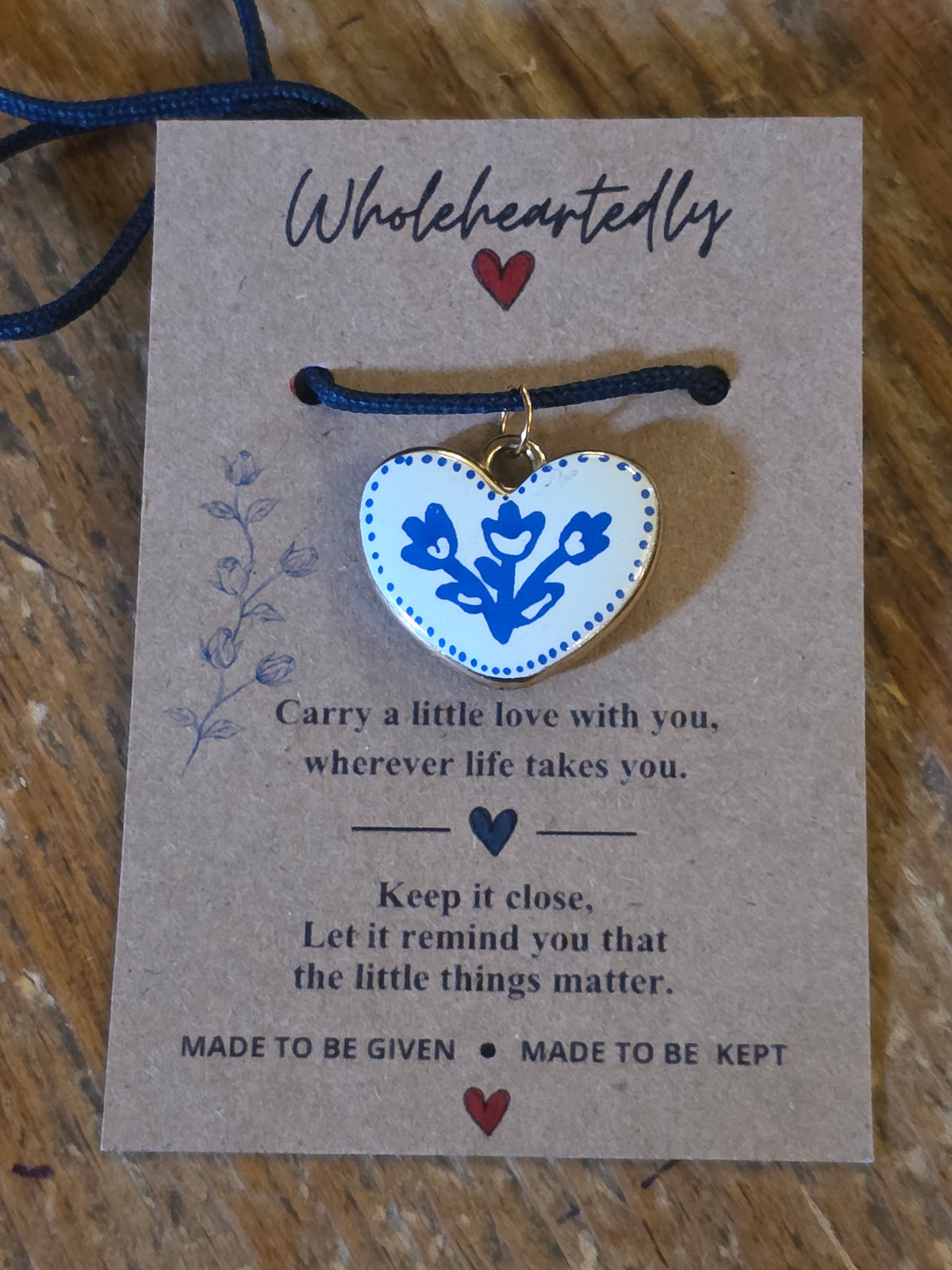 Heart pendant - blue floral on navy cord