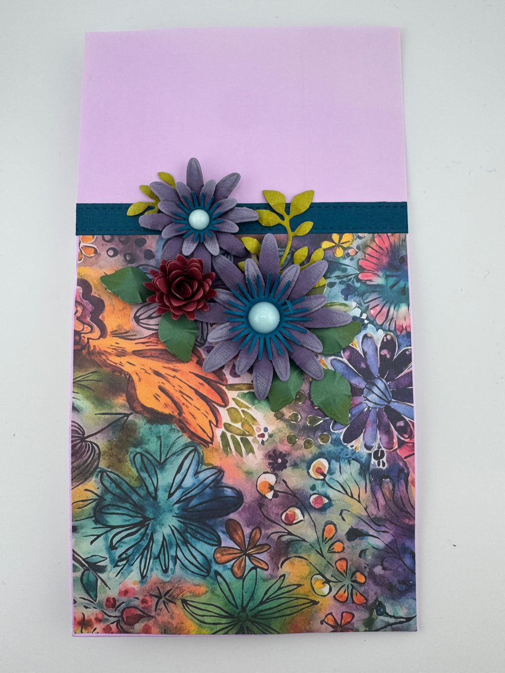 Hand Crafted paper bag purple and daisies with tissue paper and card.