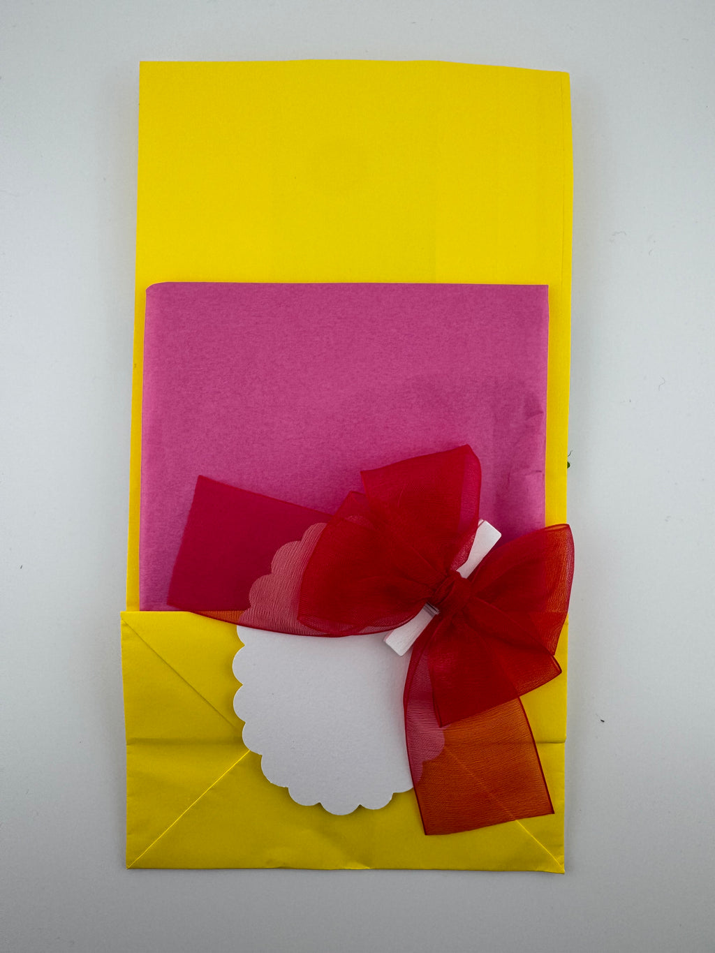 Hand Crafted paper bag yellow green, turcoise flowers with tissue paper and card.