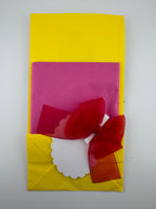 Hand Crafted paper bag yellow green, turcoise flowers with tissue paper and card.