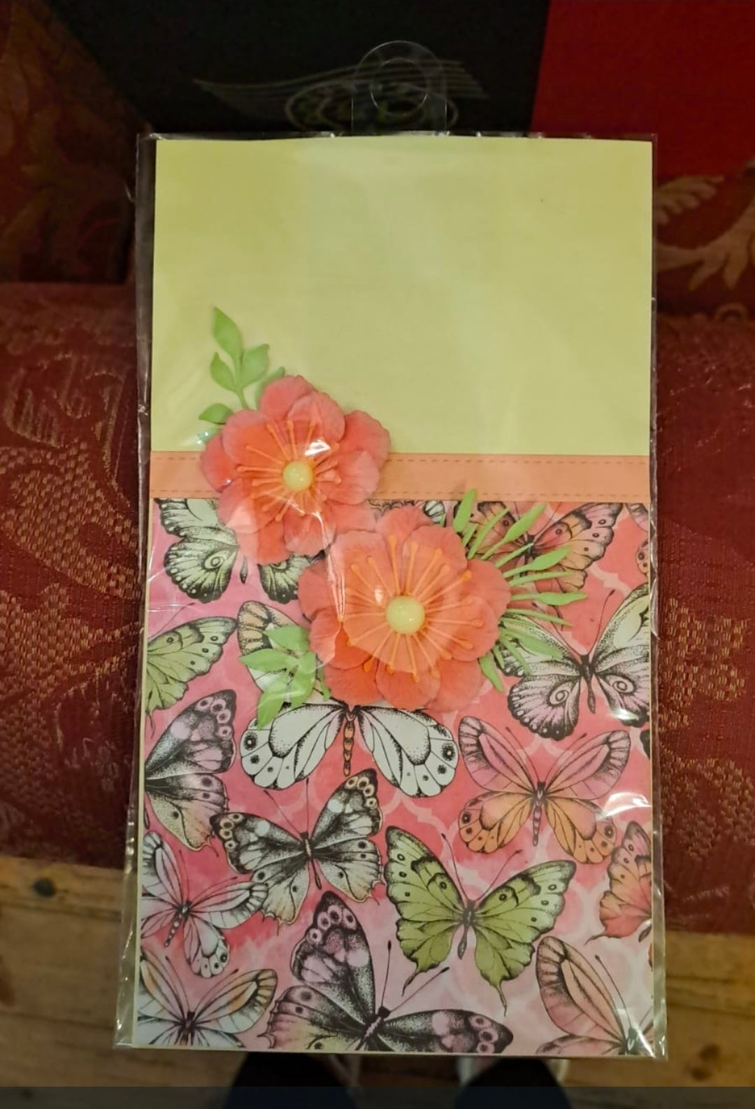 Hand Crafted paper bag light green with tissue paper and card.