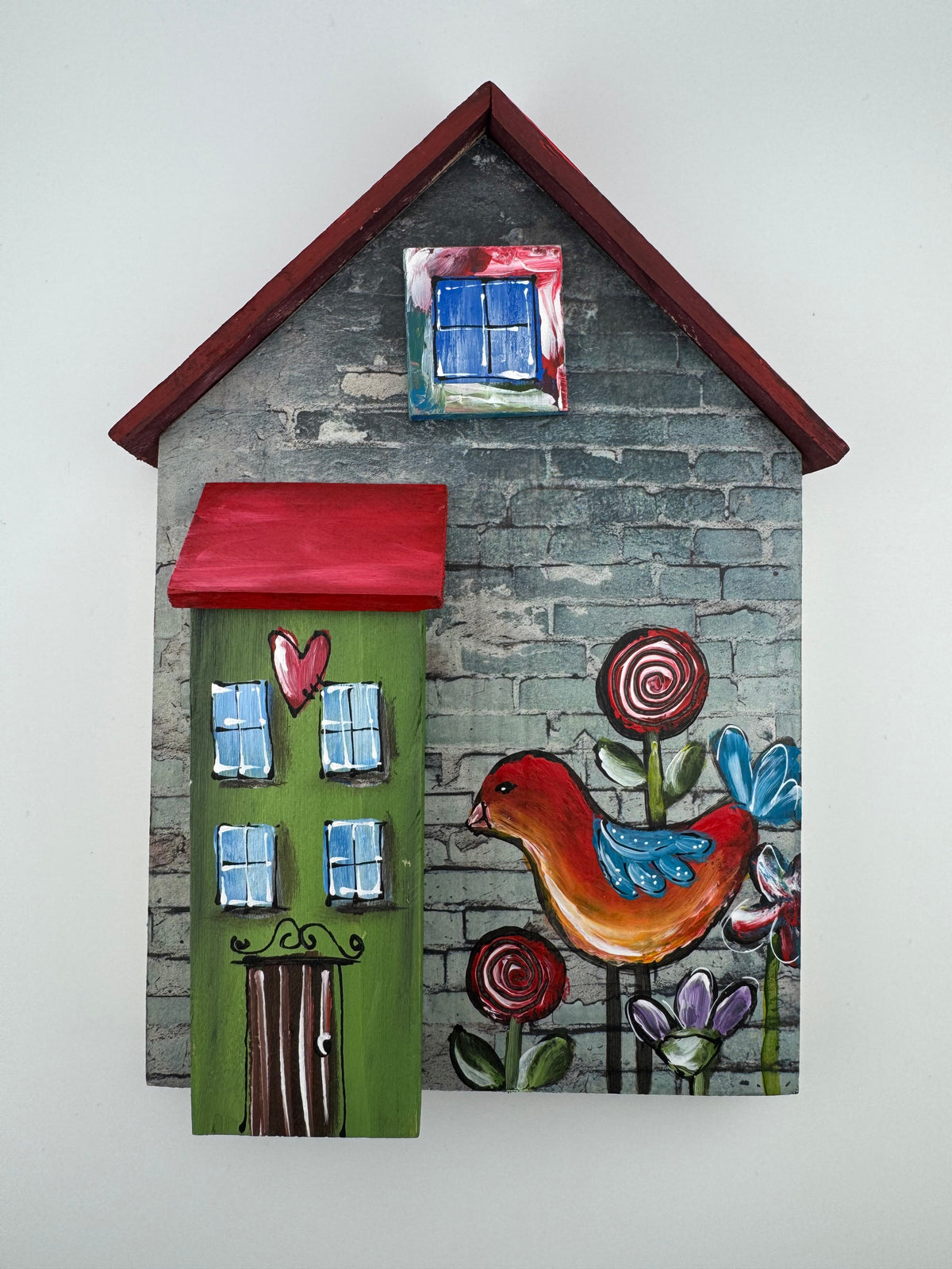 Wooden house - green house & bird 22x15x3cm