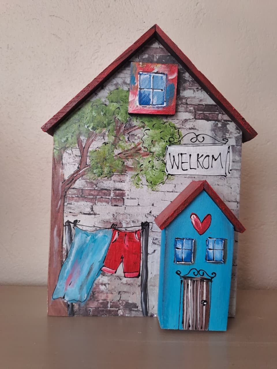 Wooden house - Welkom orange house 22x15x3cm