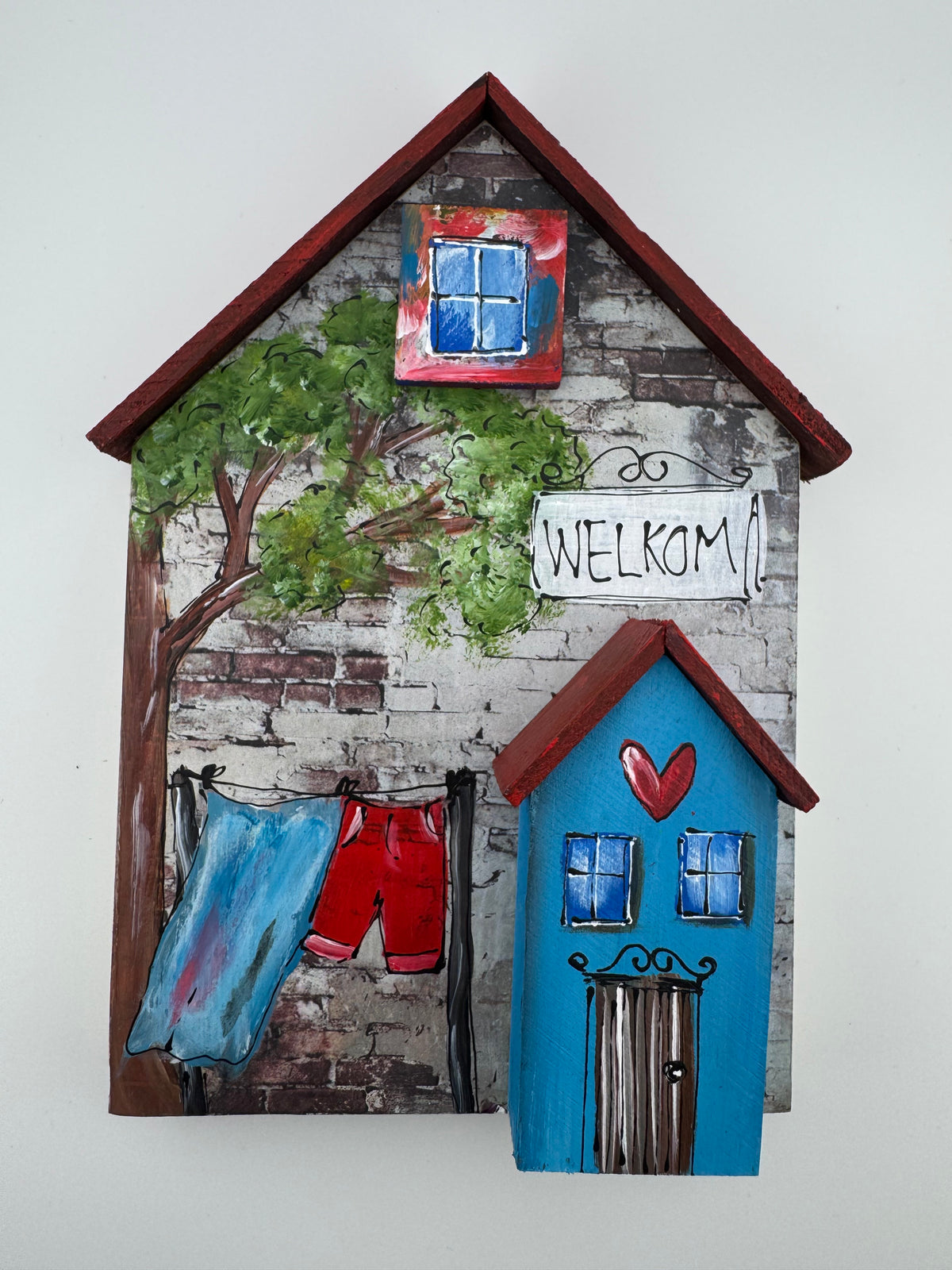 Wooden house - Welkom orange house 22x15x3cm