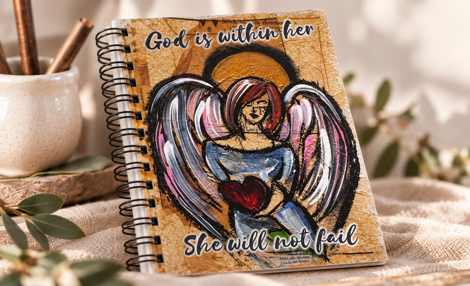 Actual God is within her booklet cover styled with a ceramic pencil pot, linen and foliage